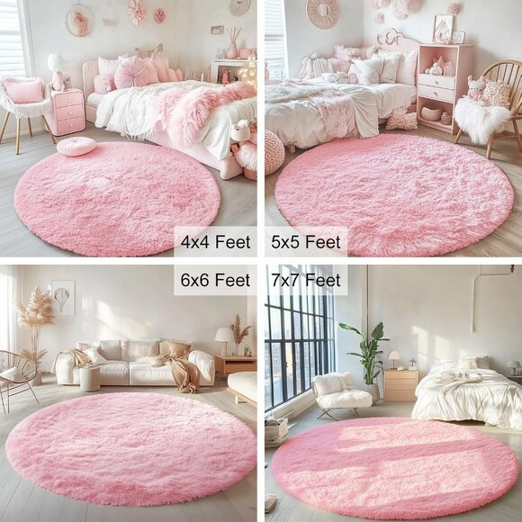 NEW Pink Round Rugs for Bedroom – Soft, Fluffy & Washable 4x4 Area Rugs for Home - Picture 2 of 13